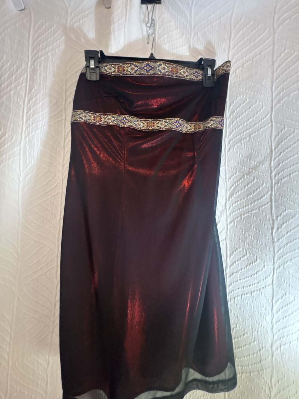 Steppin Out Vintage Y2K Metallic Red Strapless Maxi Dress with Embroidered Trim